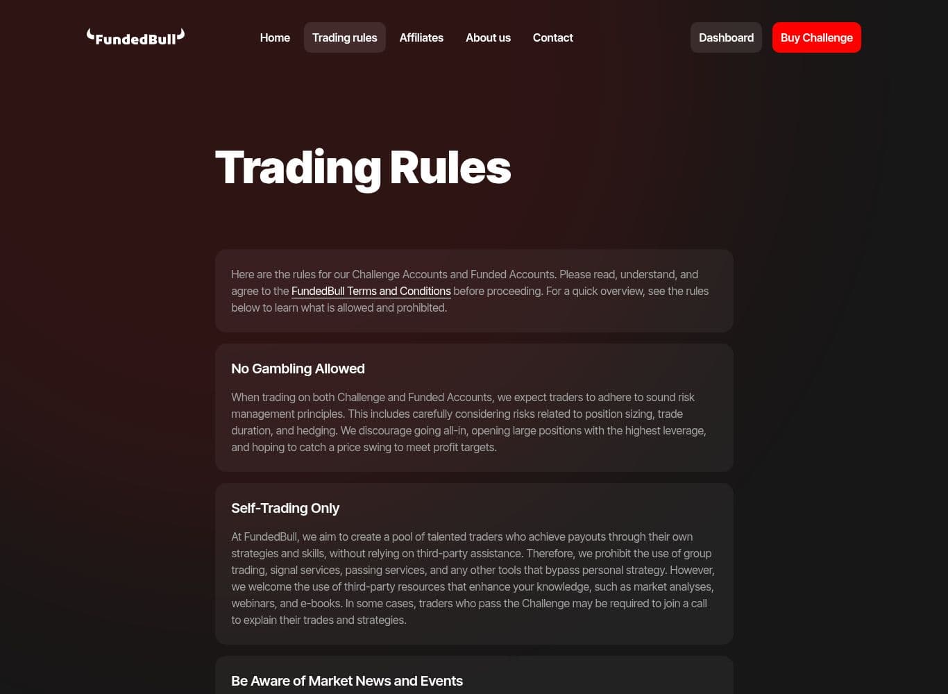 FundedBull trading rules, showing the minimum trading day definition and the payout eligibility conditions
