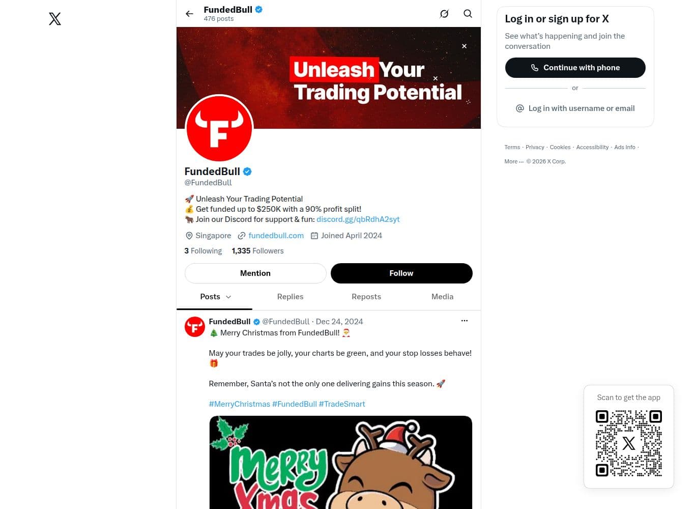 Official FundedBull X account, 1,335 followers, last post 24 December 2024