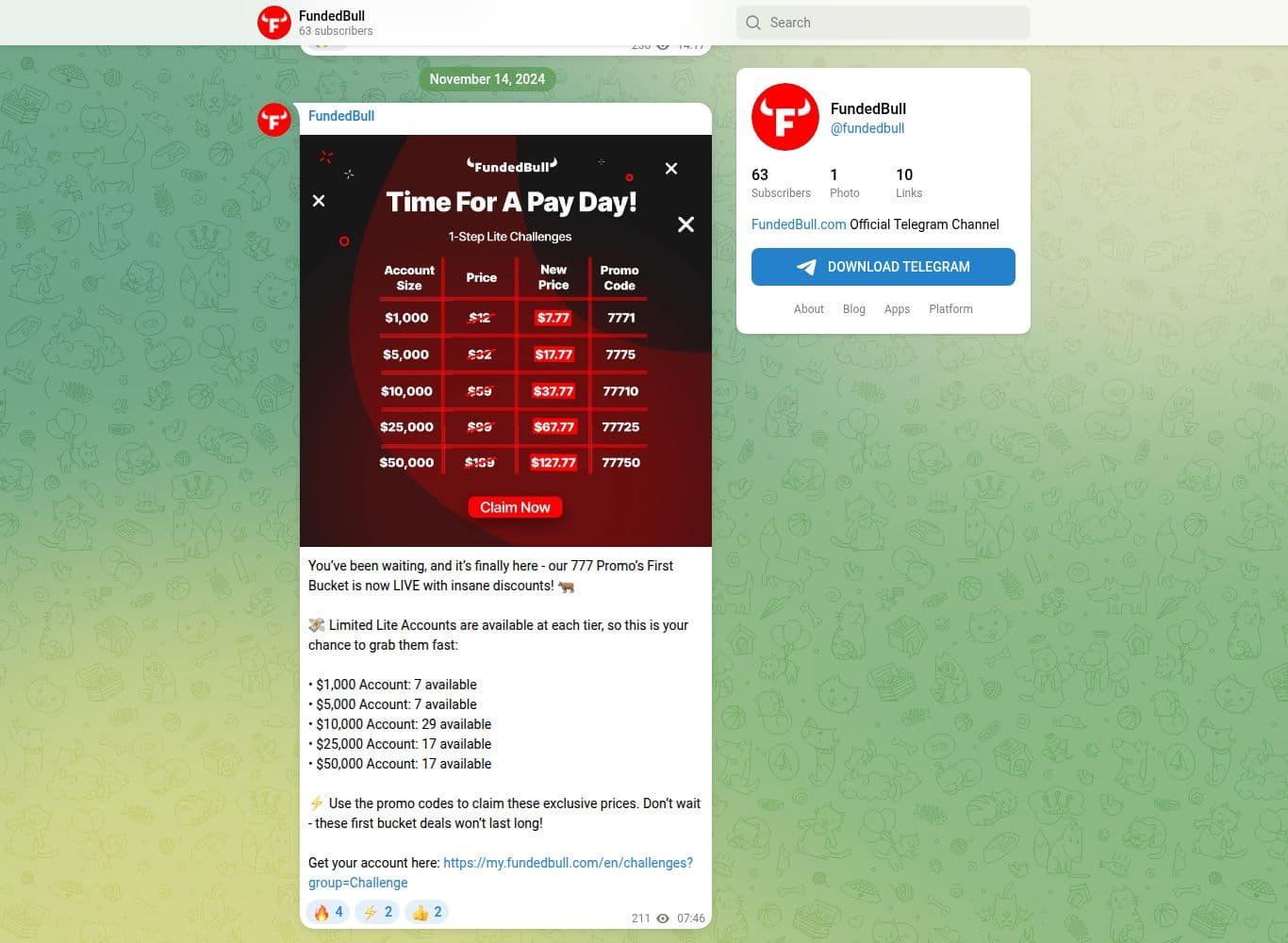 Official FundedBull Telegram channel, 63 subscribers, last message 14 November 2024