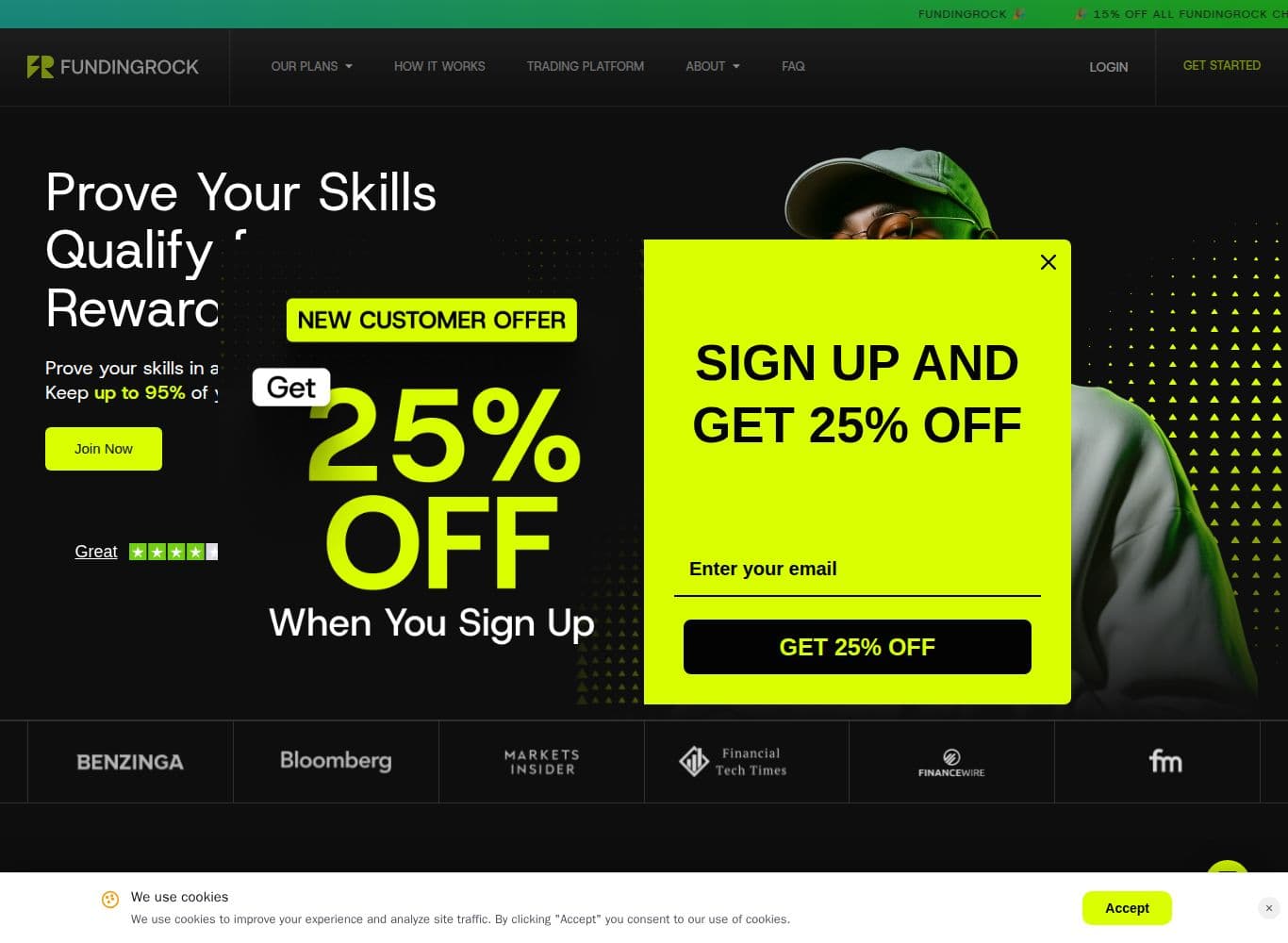 FundingRock homepage showing plan pricing, the 20 percent consistency rule on the Instant plan and the operating entity disclosure in the footer
