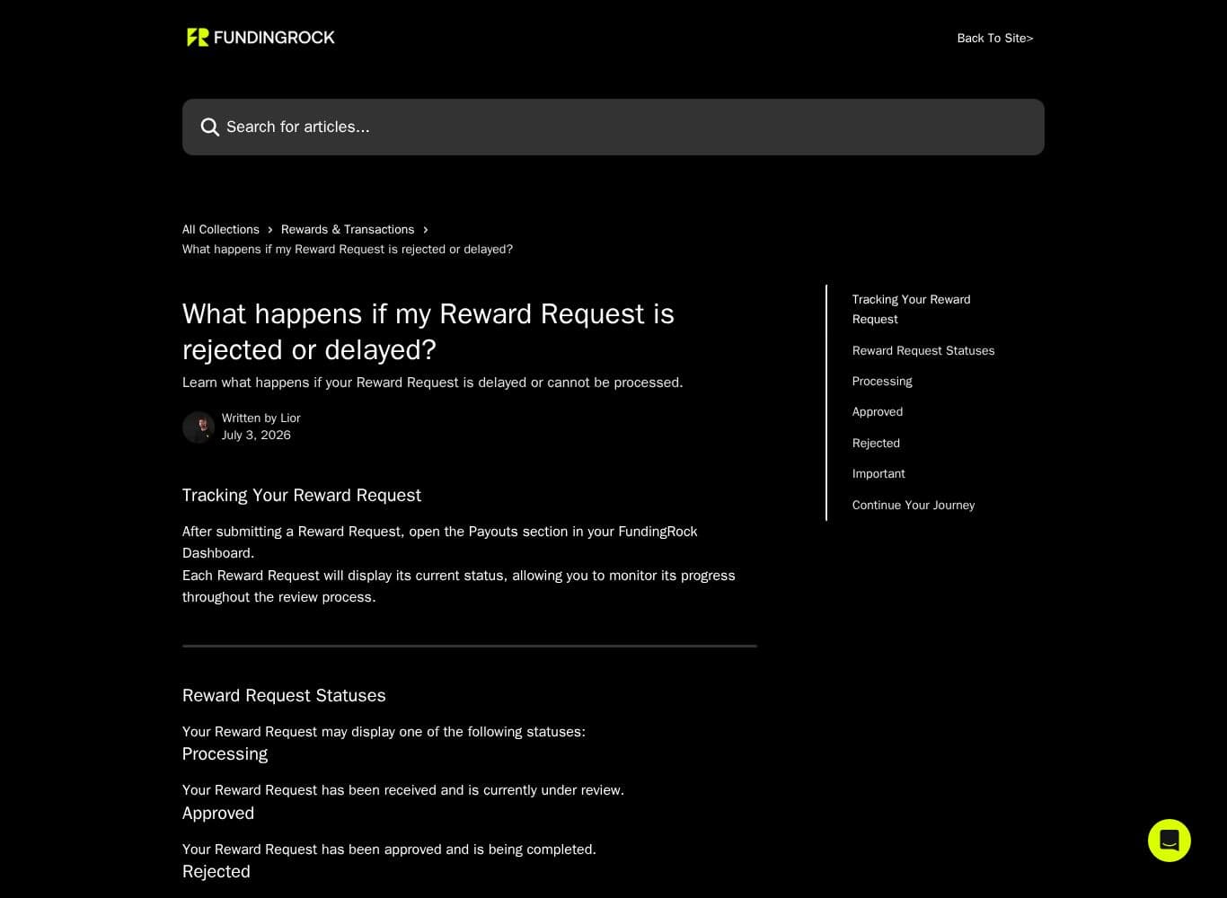 Help centre article on rejected or delayed reward requests, showing no enumerated grounds for refusal and no defined appeal route