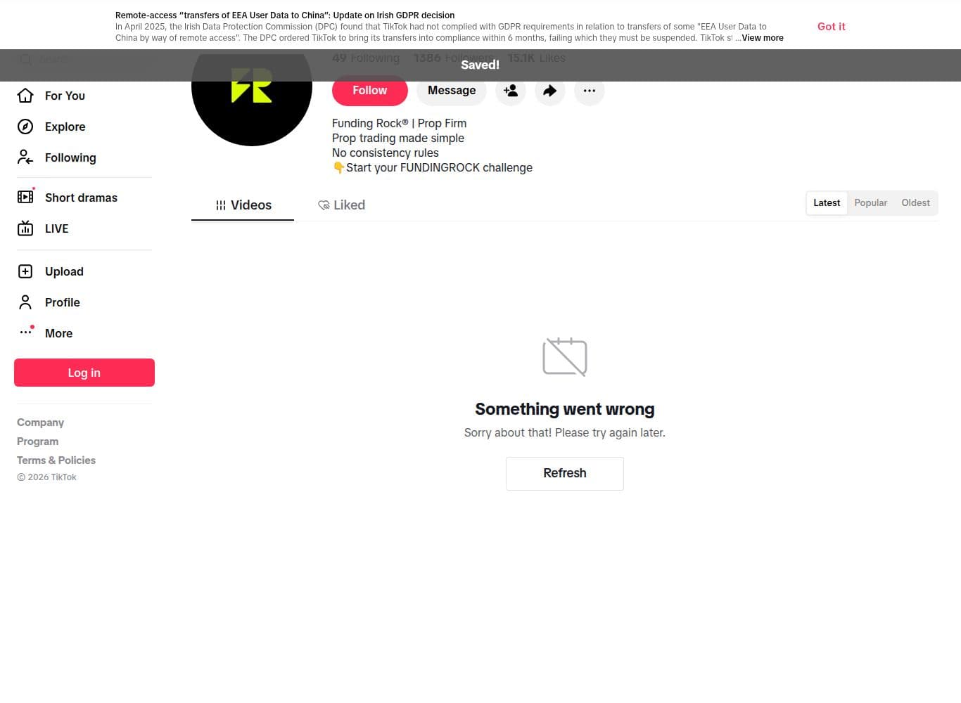 Official FundingRock TikTok profile whose bio advertises no consistency rules, contradicting the firm's published consistency threshold