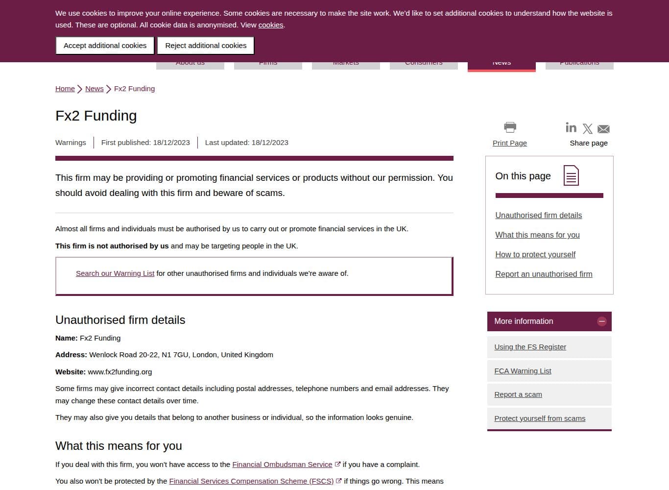 FCA warning naming Fx2 Funding but listing the website as fx2funding.org, a different domain from the firm reviewed here