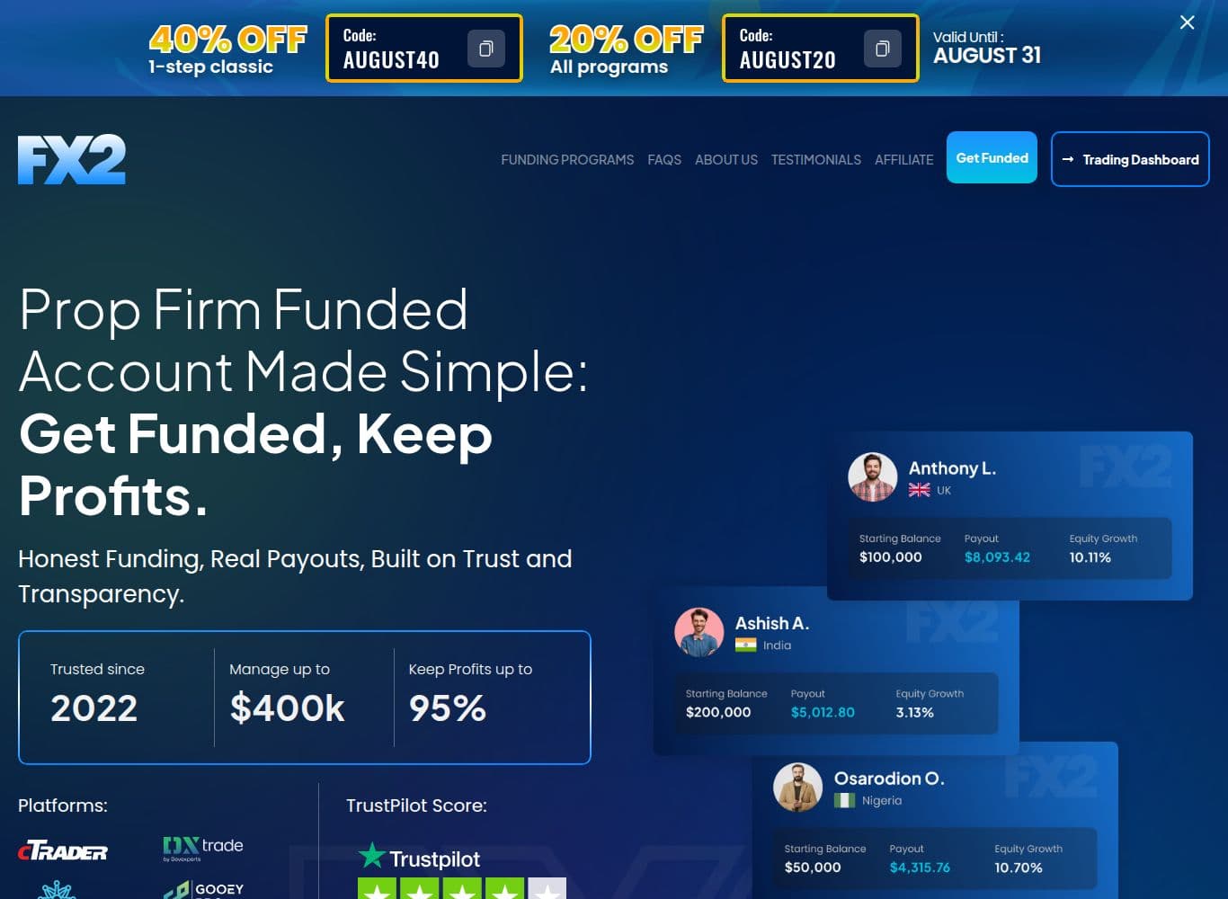 FX2 Funding homepage showing the Saint Lucia legal entity and registry number in the footer