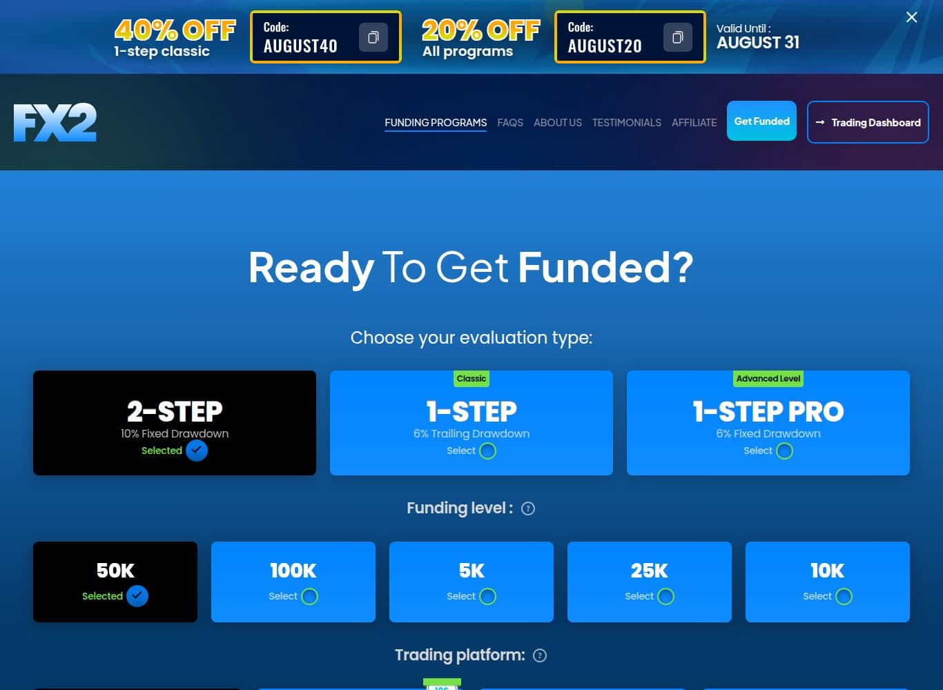 Funding programs page disclosing that all assessment fees are paid to Prop Account LTD