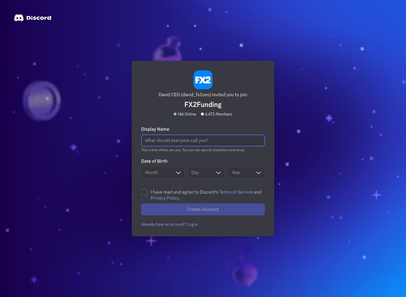 Official FX2 Funding Discord invite showing member and online counts