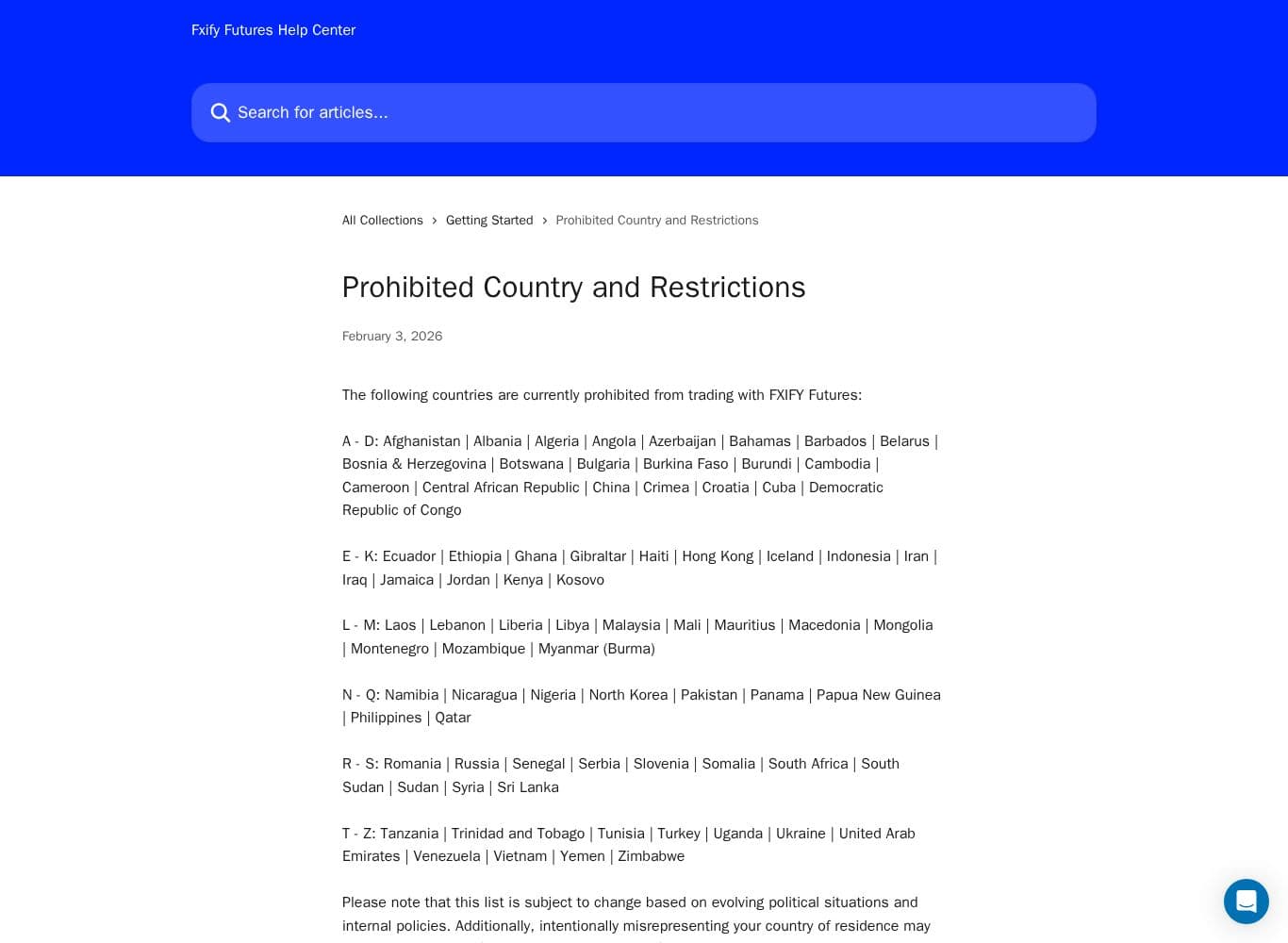 Restricted country list which the firm states is subject to change