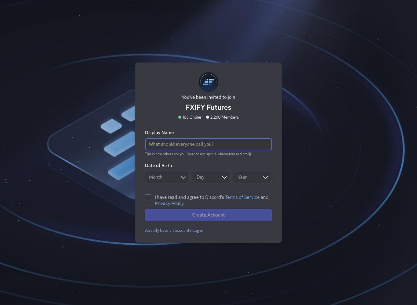 Official FXIFY Futures Discord invite showing 2,260 members and 156 online