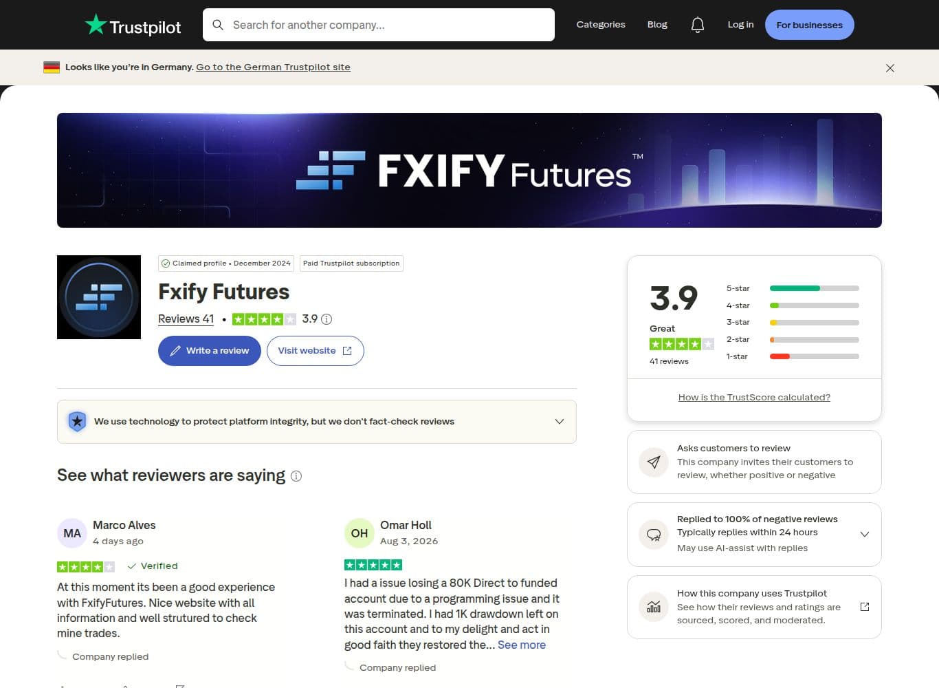 Trustpilot one and two star reviews including the April 2026 claim that $43,000 of approved profit was withheld