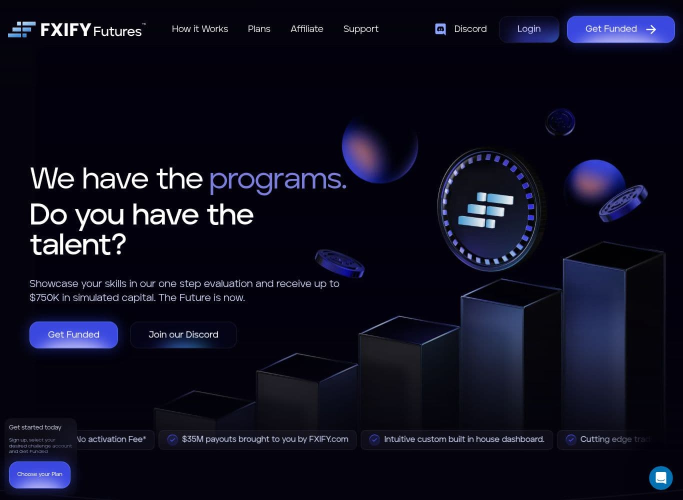 FXIFY Futures homepage showing the one-step evaluation offer and the payout certificate carousel