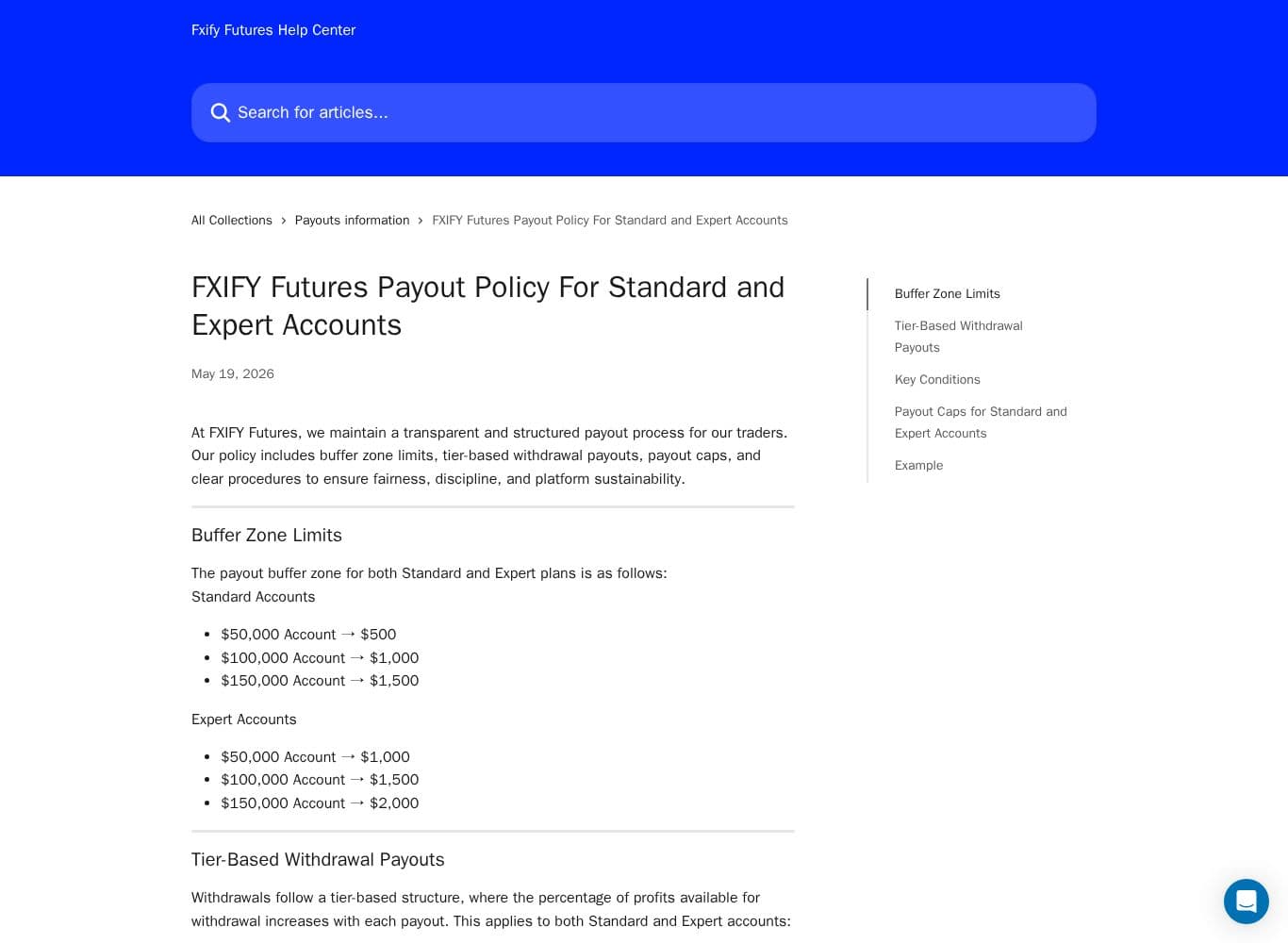 Payout policy article publishing the 30% and 40% consistency thresholds, buffer zones and payout caps