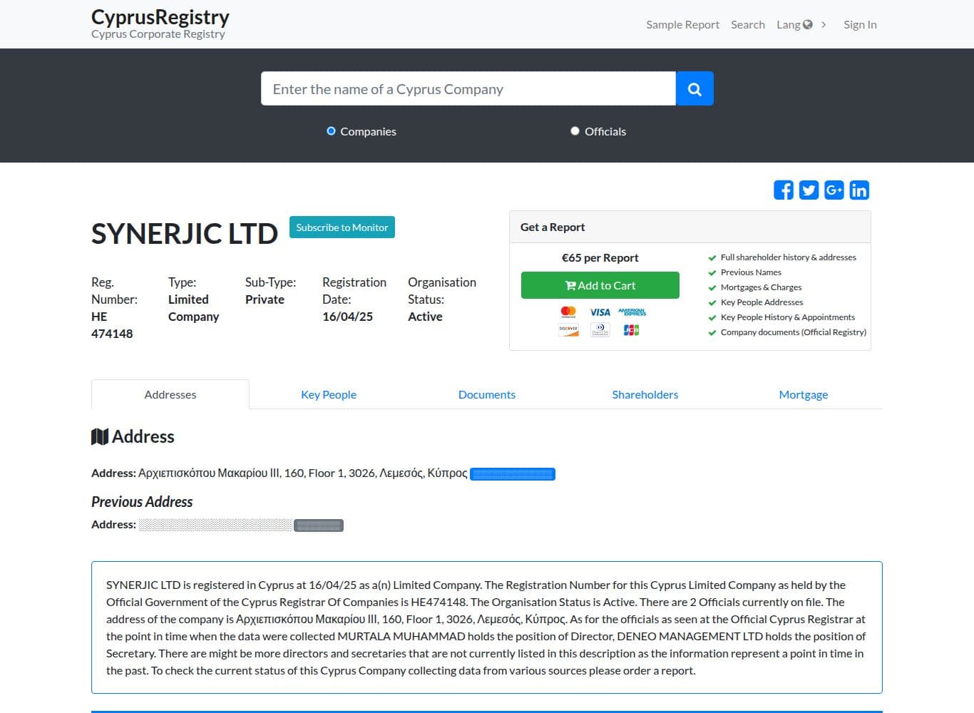 Cyprus register entry for Synerjic Ltd, the iFunds payments entity, showing Active status and its director