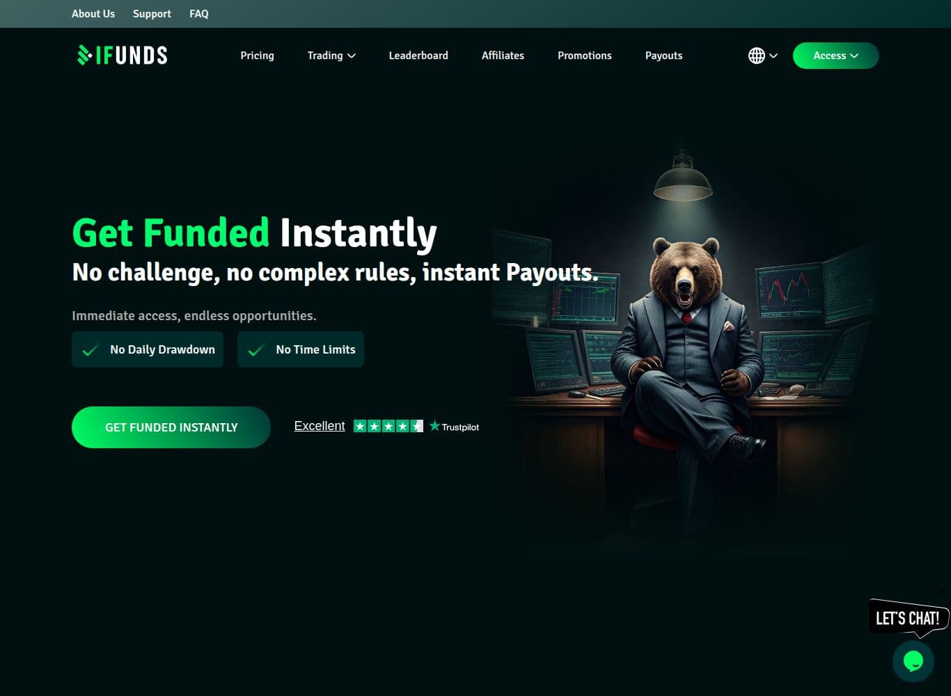 iFunds homepage advertising instant funding with no challenge and instant payouts