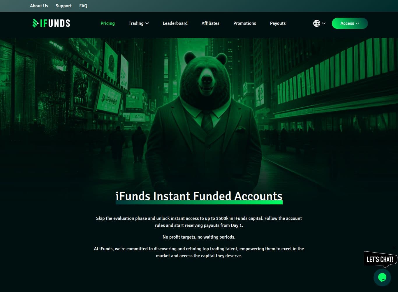 iFunds account tiers showing participation fees, 10 percent maximum overall loss and 50 percent profit split