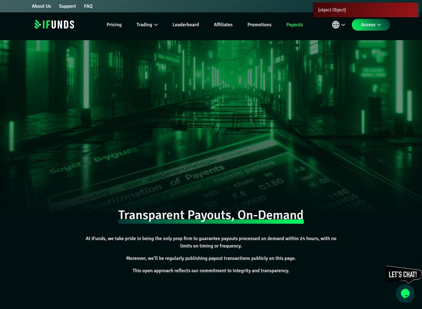 The iFunds public Payout Live Feed, currently showing no transactions at all