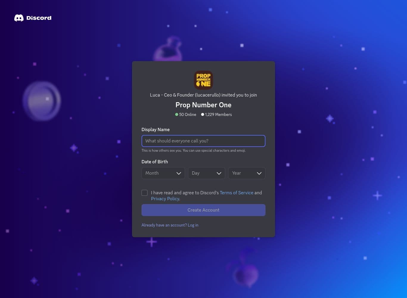 Official Discord invite, 1,229 members, issued by Luca as CEO and Founder