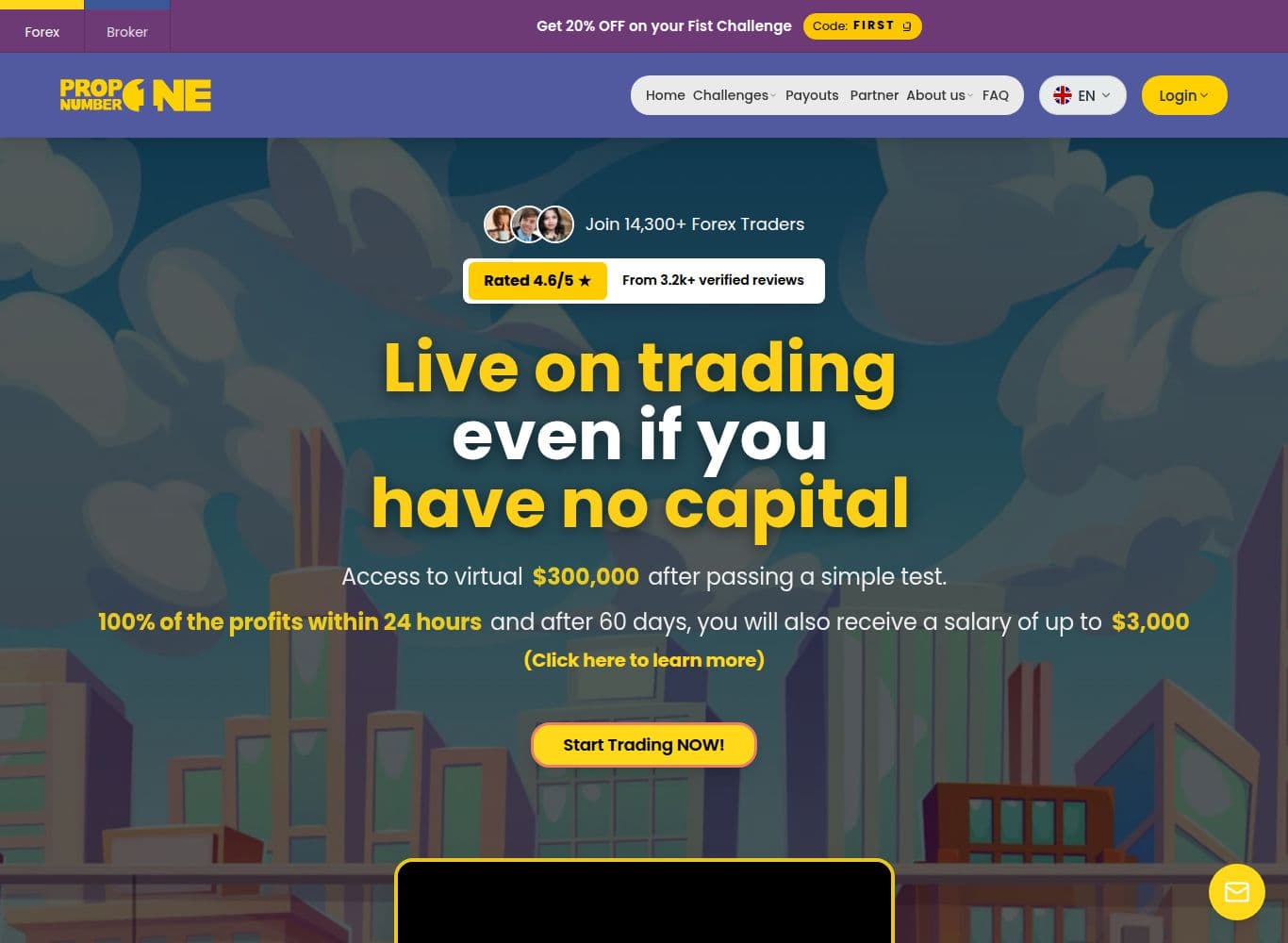 Prop Number One homepage, still selling with a first-purchase discount code in September 2026