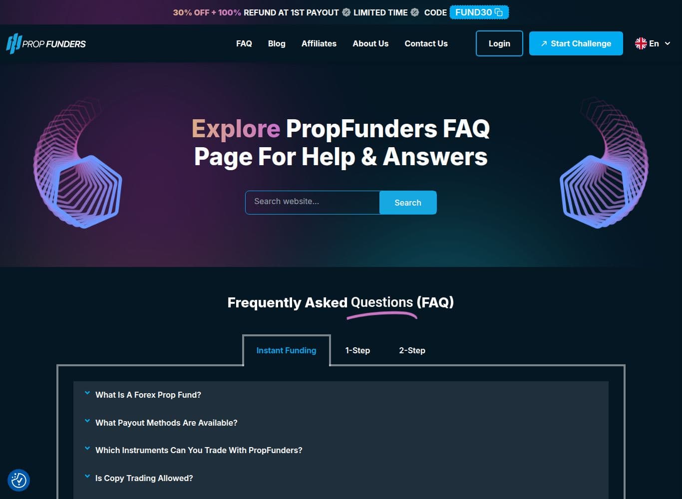 PropFunders FAQs and Trading Rules page covering drawdown, payout mechanics and the scaling ladder