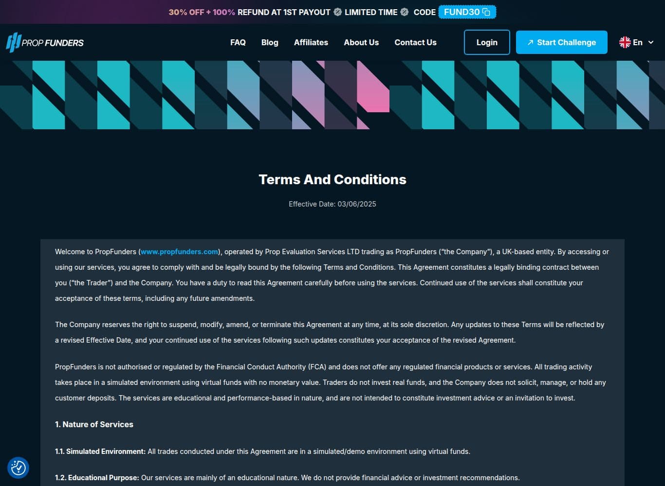 PropFunders Terms and Conditions carrying the blanket discretionary termination right and the 0.5% minimum trading day definition