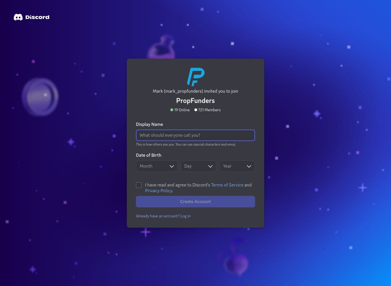 PropFunders Discord invite showing 721 members and an invite issued by the departed founder's account