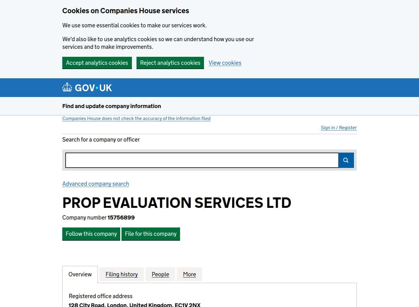Companies House record for Prop Evaluation Services LTD, active, incorporated 3 June 2024