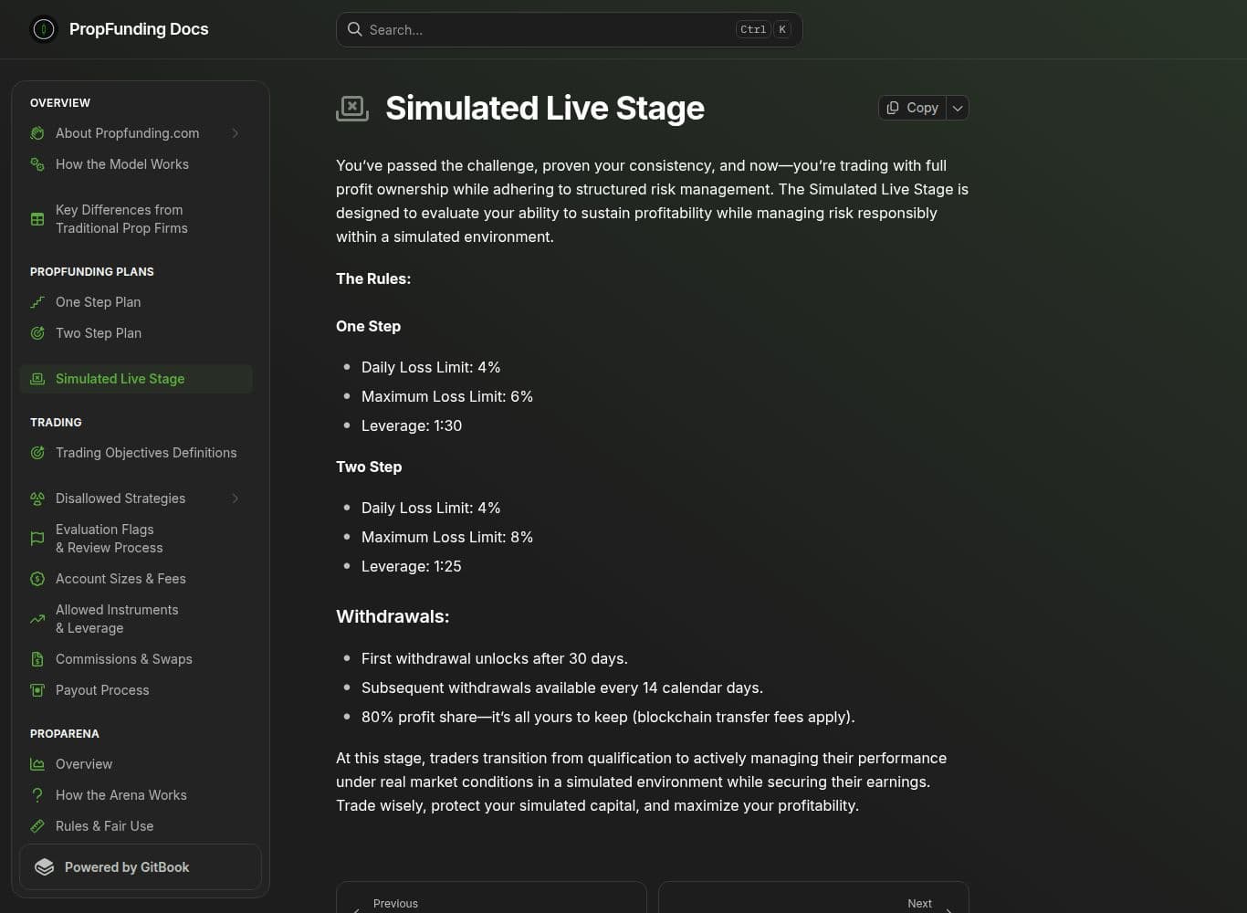 PropFunding documentation stating the funded stage uses simulated capital