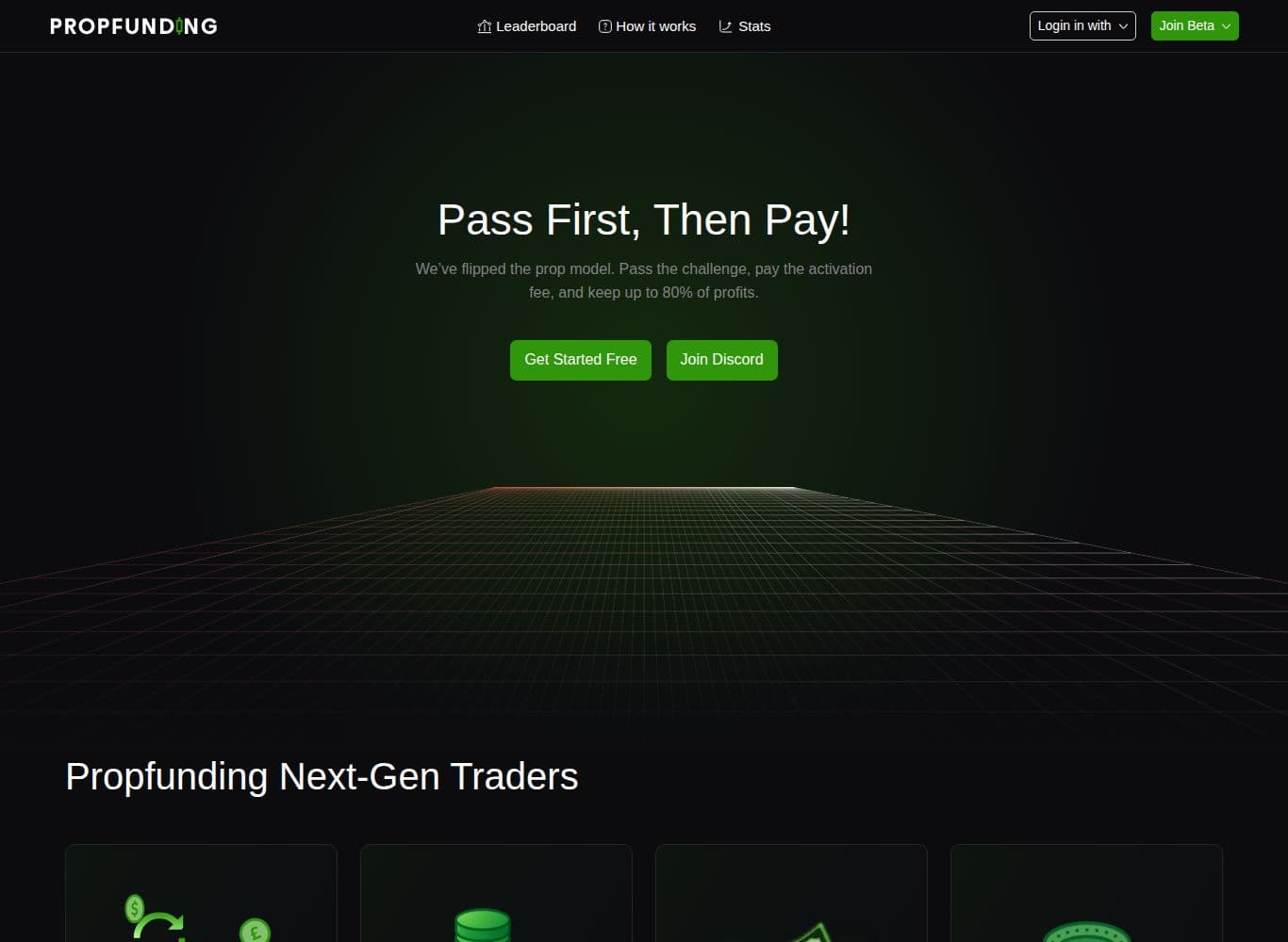 PropFunding homepage showing the free-entry model, the $125 activation fee and the 1-Step and 2-Step objectives