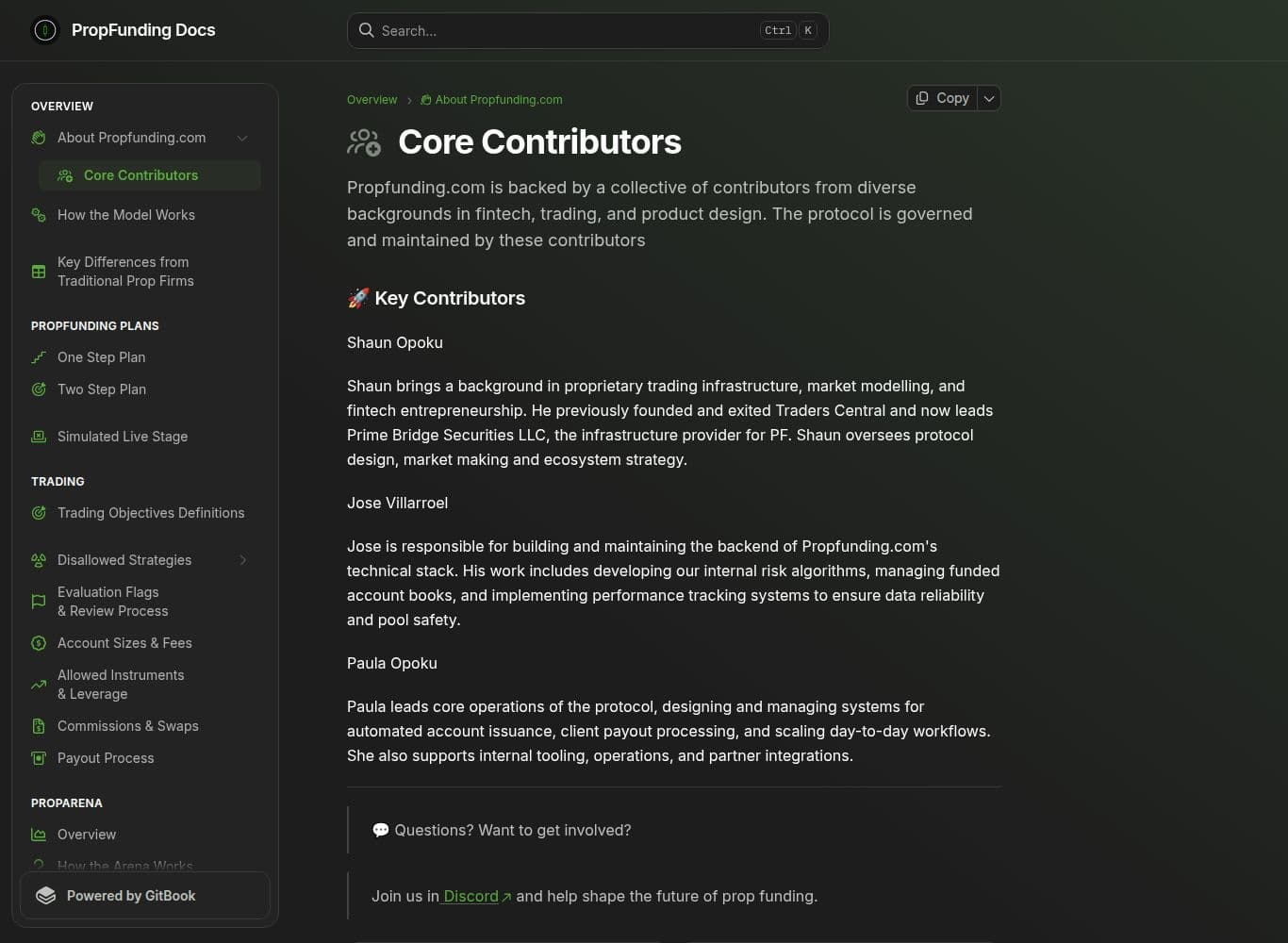 PropFunding core contributors page naming the founder and operating team