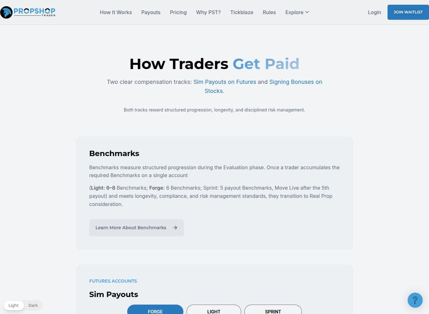 The published benchmark payout ladder with exact dollar amounts per benchmark
