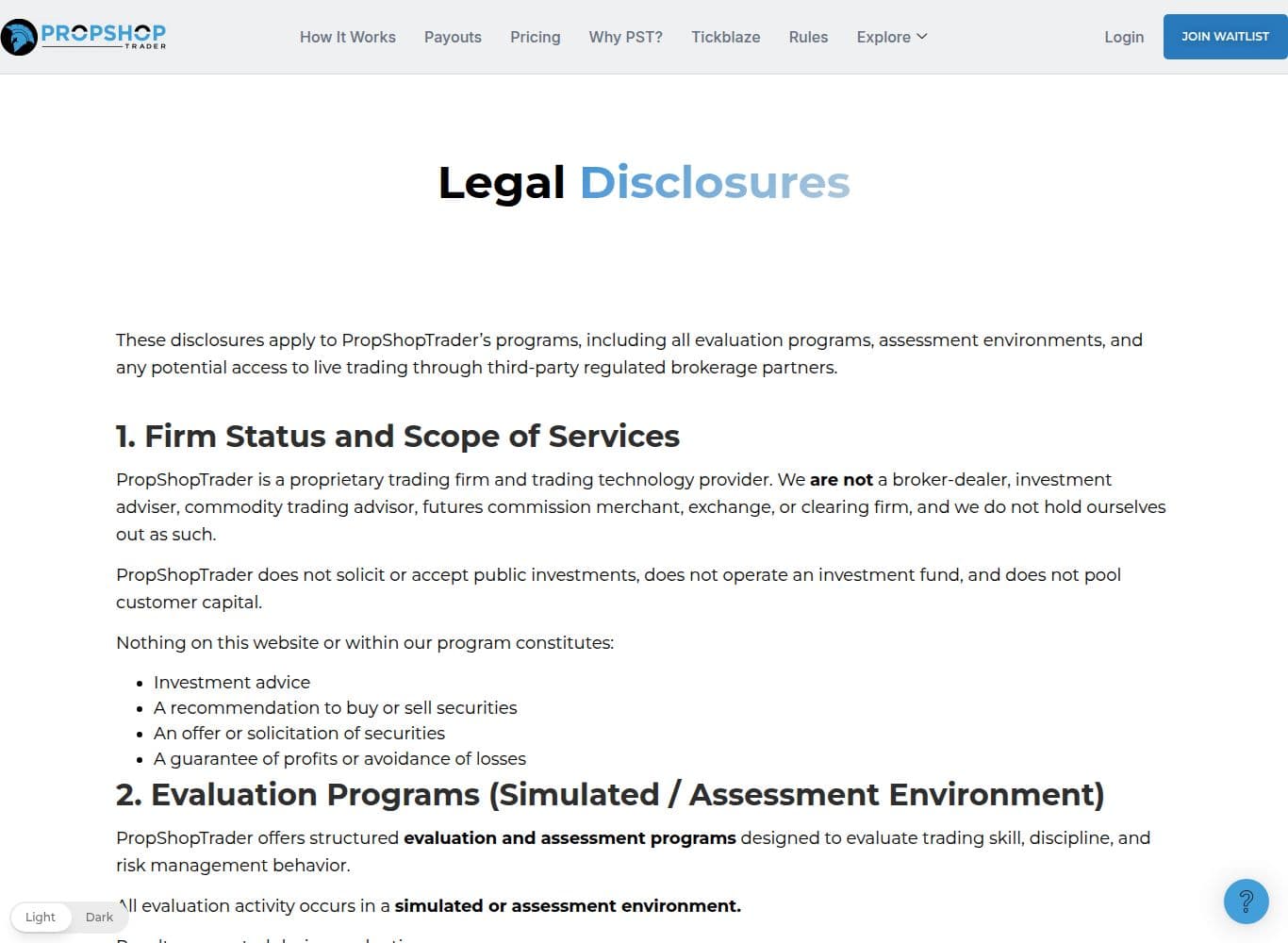 Legal Disclosures stating the firm is not a broker-dealer and does not hold customer funds