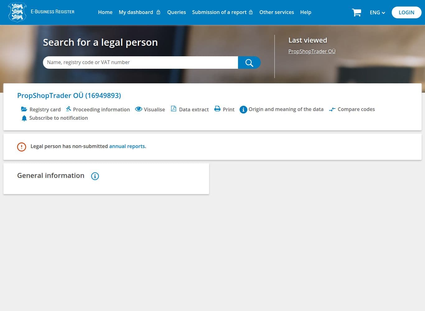 Estonian Commercial Register entry for PropShopTrader OÜ