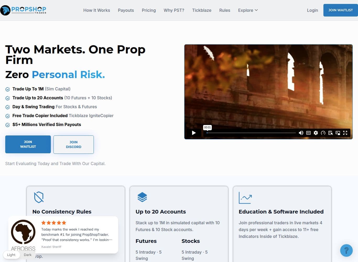 PropShopTrader homepage showing the waitlist call to action and the five million dollars in verified sim payouts claim
