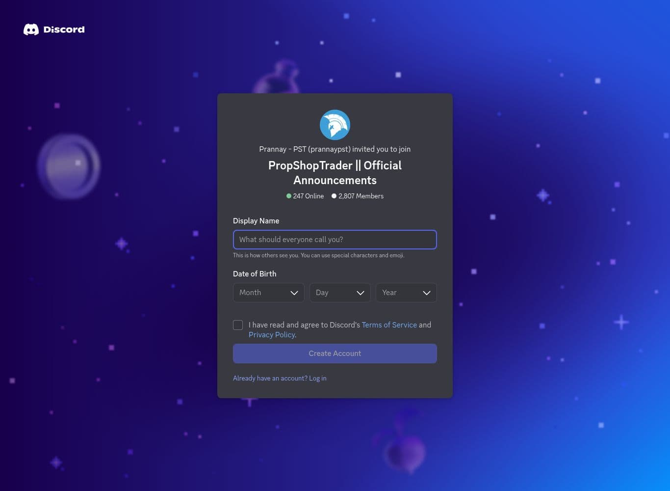 Official PropShopTrader Discord invite showing the member count