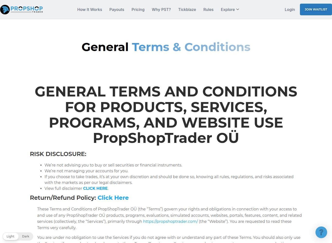 General Terms and Conditions naming PropShopTrader OÜ and registration 16949893, containing the clause disclaiming any payout on simulated results