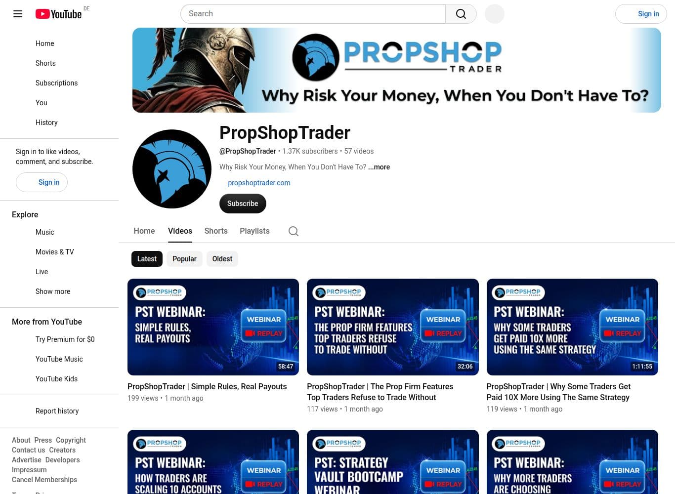 Official PropShopTrader YouTube channel showing subscriber count and upload cadence