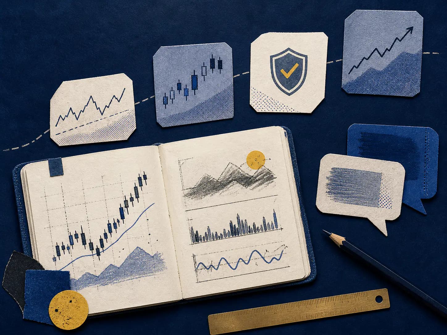 Editorial market study notes with charts, a risk shield, and a learning path