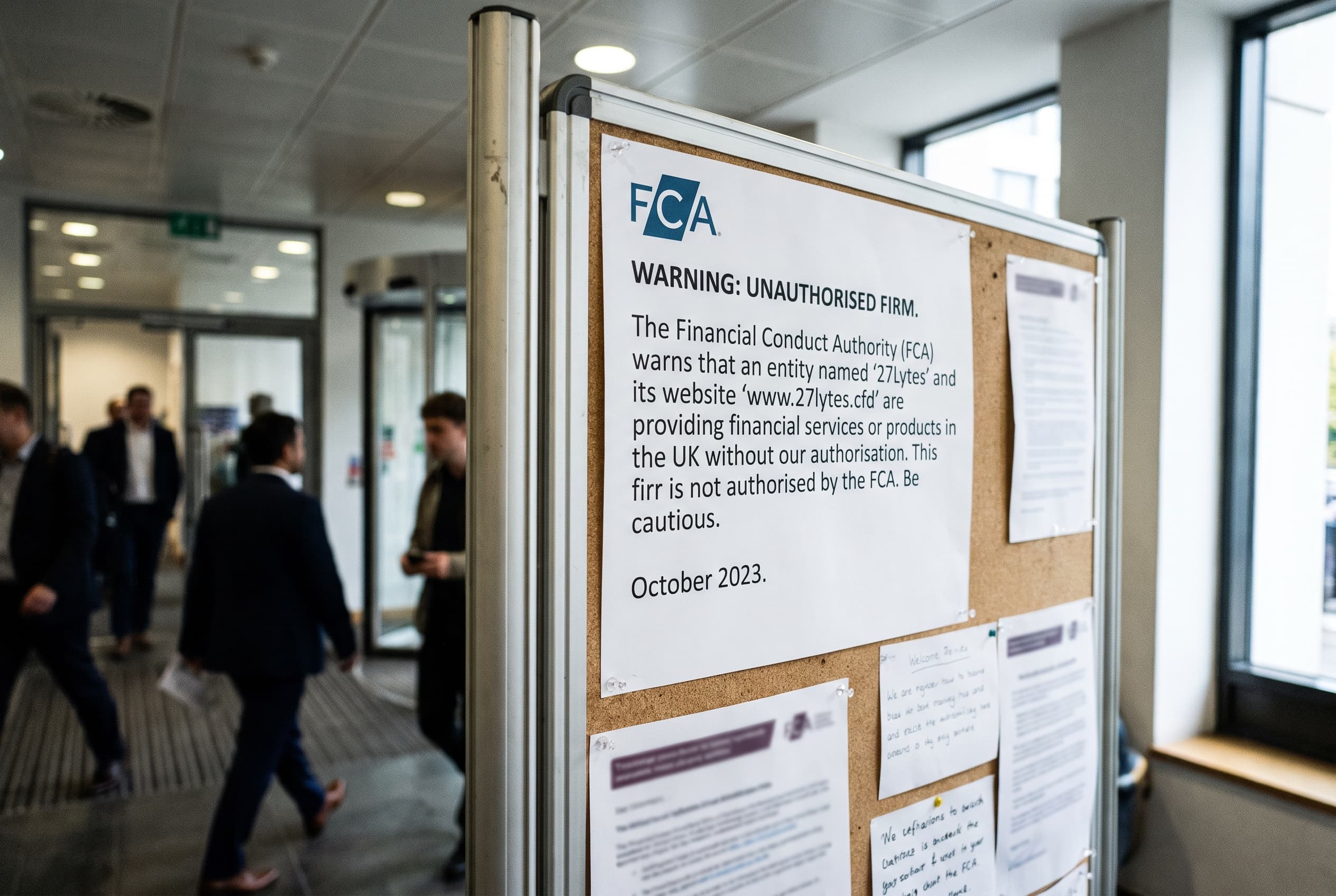 A bulletin board displays an FCA warning notice about an unauthorised firm, with people walking in a modern office setting in the background.